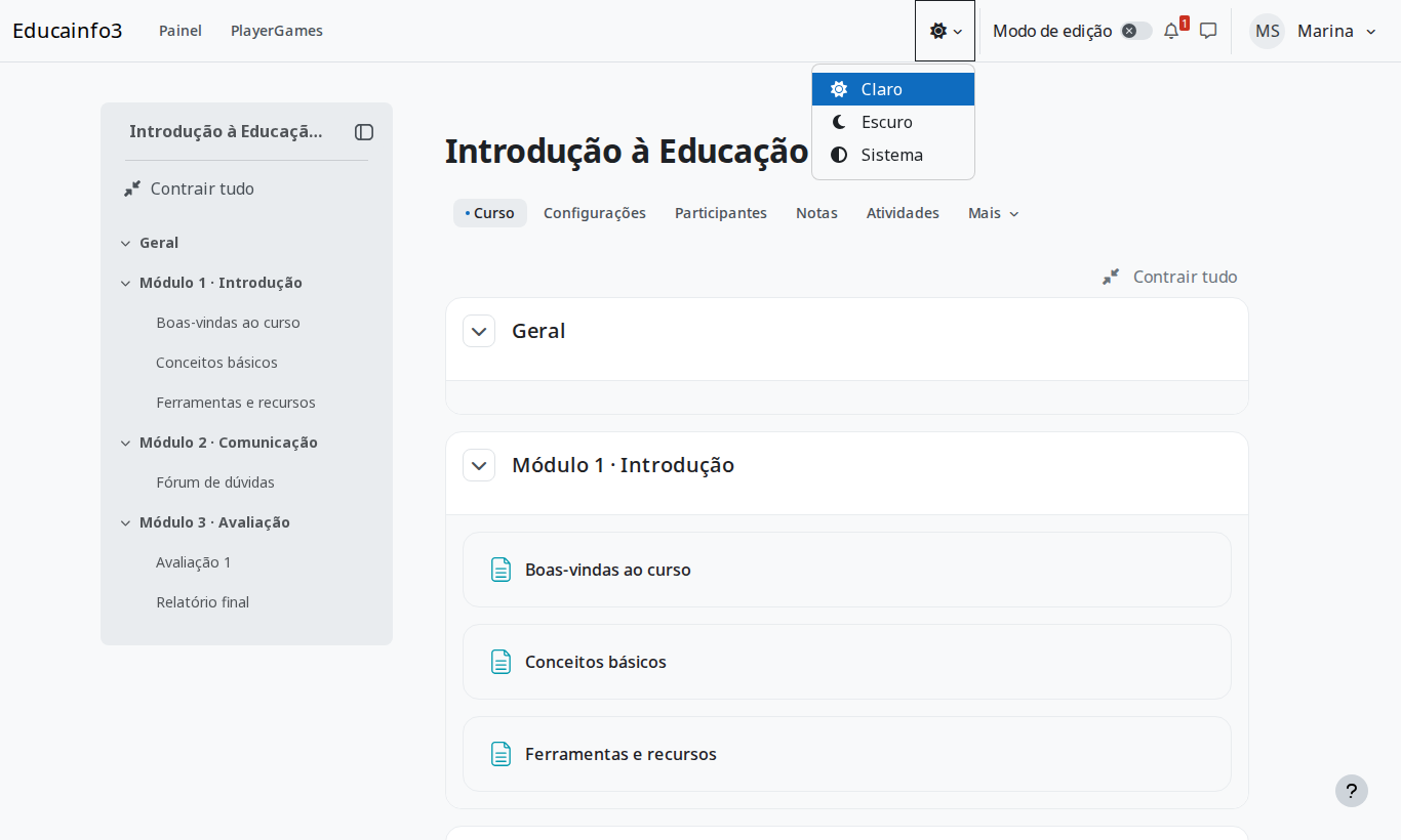 Menu de modo de cor do Boost com as opções Claro, Escuro e Sistema