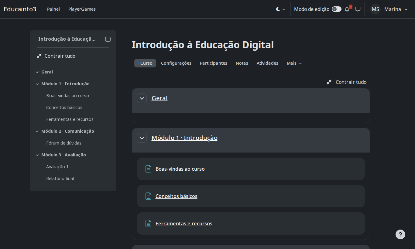 Página do curso no modo escuro