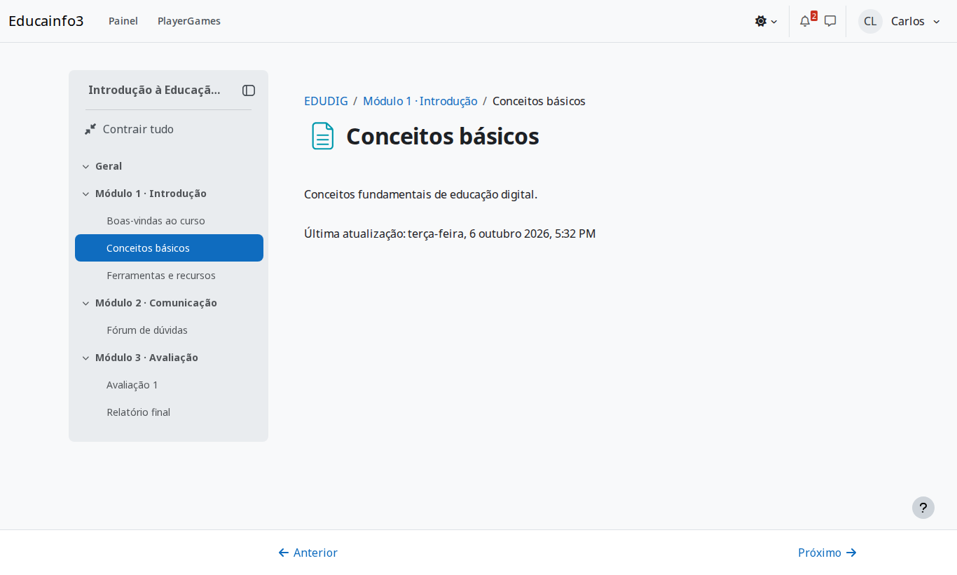 Página de uma atividade com os botões Anterior e Próximo na parte inferior da tela