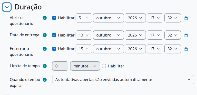 Configurações do questionário mostrando o campo Data de entrega entre a abertura e o encerramento