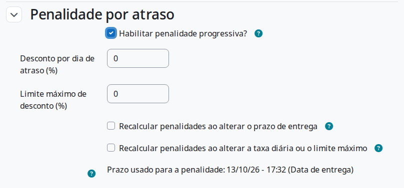 Seção Penalidade por atraso nas configurações do questionário, indicando que o prazo usado é a data de entrega