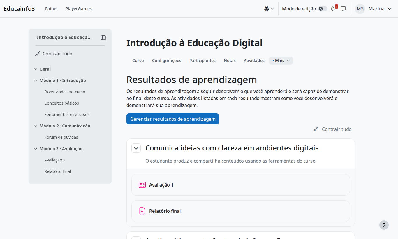 Página Resultados de aprendizagem do curso, listando cada resultado e as atividades associadas a ele