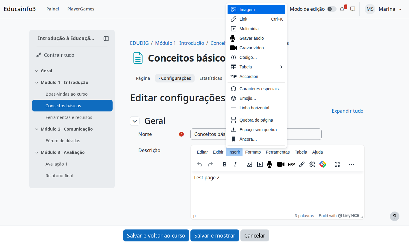 Menu Inserir do TinyMCE com a opção Accordion