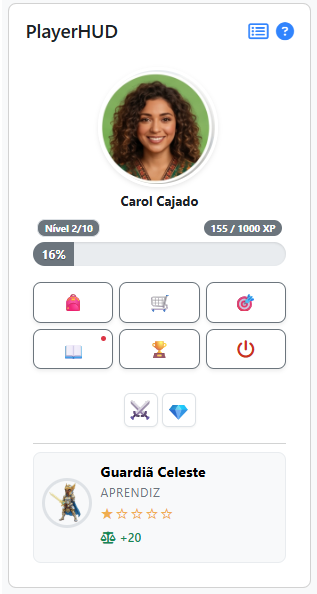 Visão geral do HUD do PlayerHUD com avatar, nível, XP, inventário e card de personagem