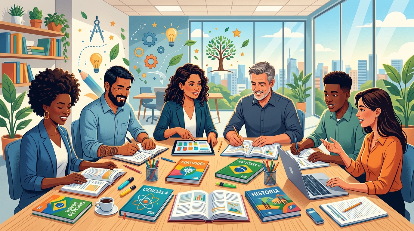 Professores reunidos avaliando livros e materiais didáticos do PNLD