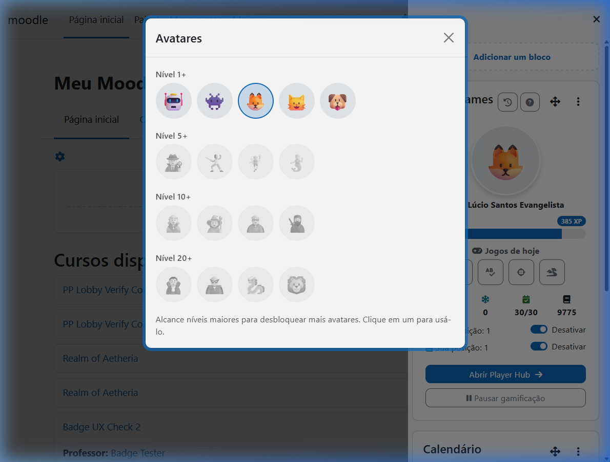 Avatar selection modal opened directly from the block: the same collection shown in the full Player Hub, keeping everything in sync