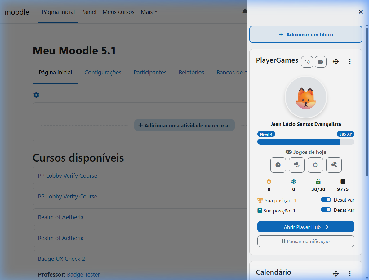 The PlayerGames block on the site front page drawer: the same profile mirrored wherever an administrator adds it