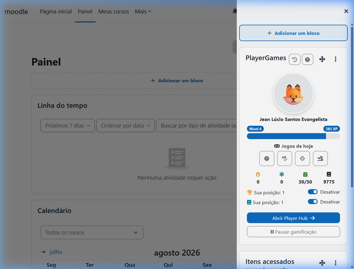 The PlayerGames block in the Dashboard drawer: avatar, level, XP bar, today's mini-games and streak — all site-wide data at a glance