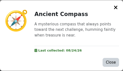 Clicking any item opens a details modal with its description, XP value and collection progress