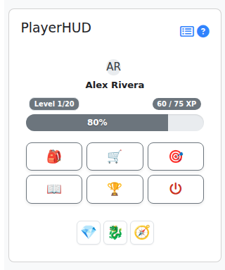 The student's HUD sidebar: avatar, level, XP bar, and recent item stash, always in view alongside the course