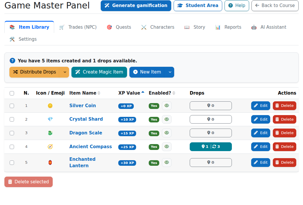 The Game Master panel lets teachers manage items, drops, quests and trades without leaving the course