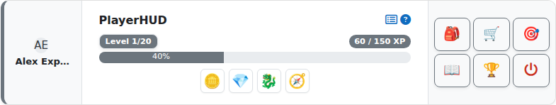 [PLAYERHUD_WIDGET] embeds the compact HUD — avatar, level, XP bar and item stash — directly inside any content area