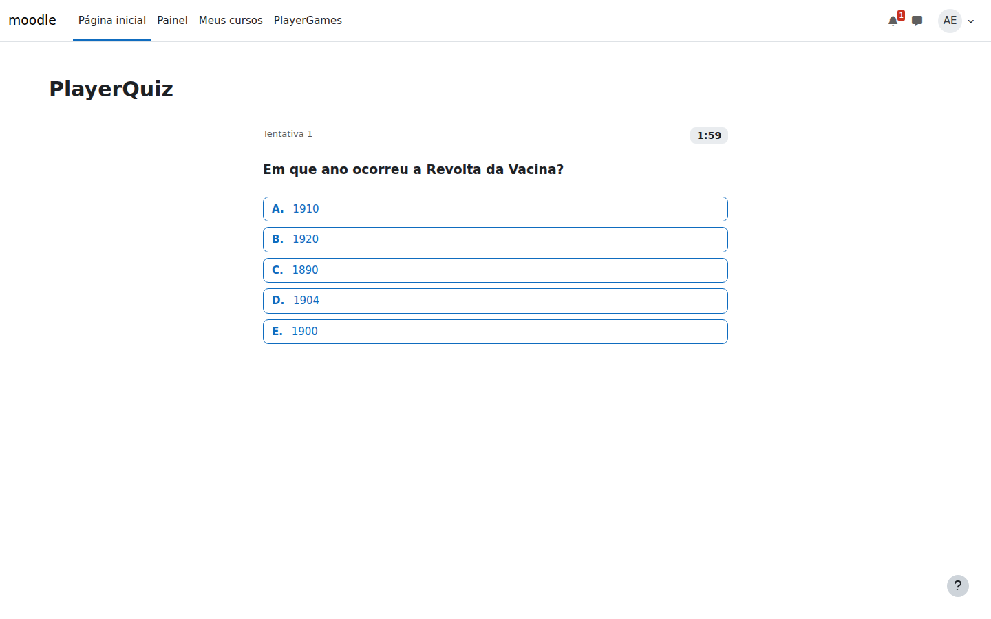 PlayerQuiz, one of the daily mini-games: a multiple-choice question generated from a concept cartridge, against the clock