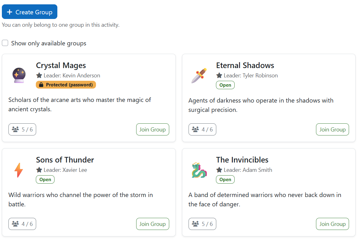 Students browse open groups and join one that fits, or create their own