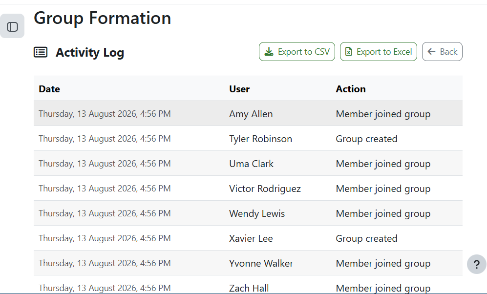 An audit log of every group action (created, joined, left), also exportable