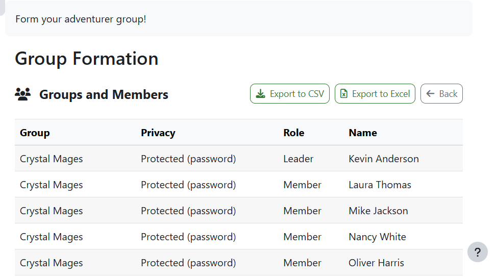 Teachers get a full class roster in one table — group, privacy, role, and name — exportable to CSV or Excel