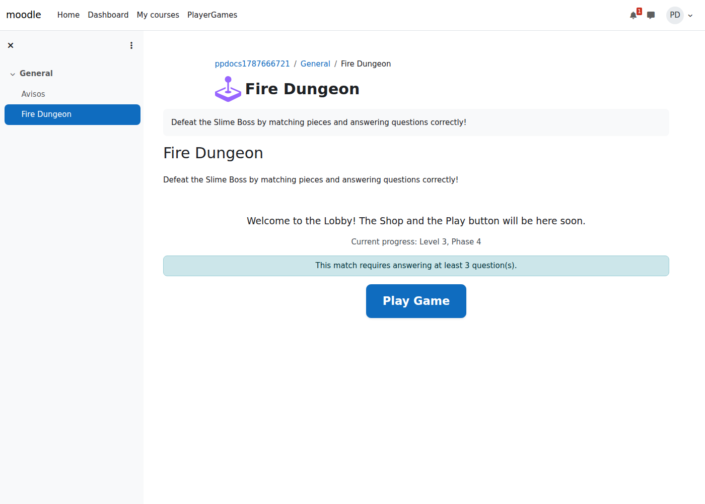 The Lobby: current Campaign progress, the minimum-questions notice and the Play button, before the student ever enters the match